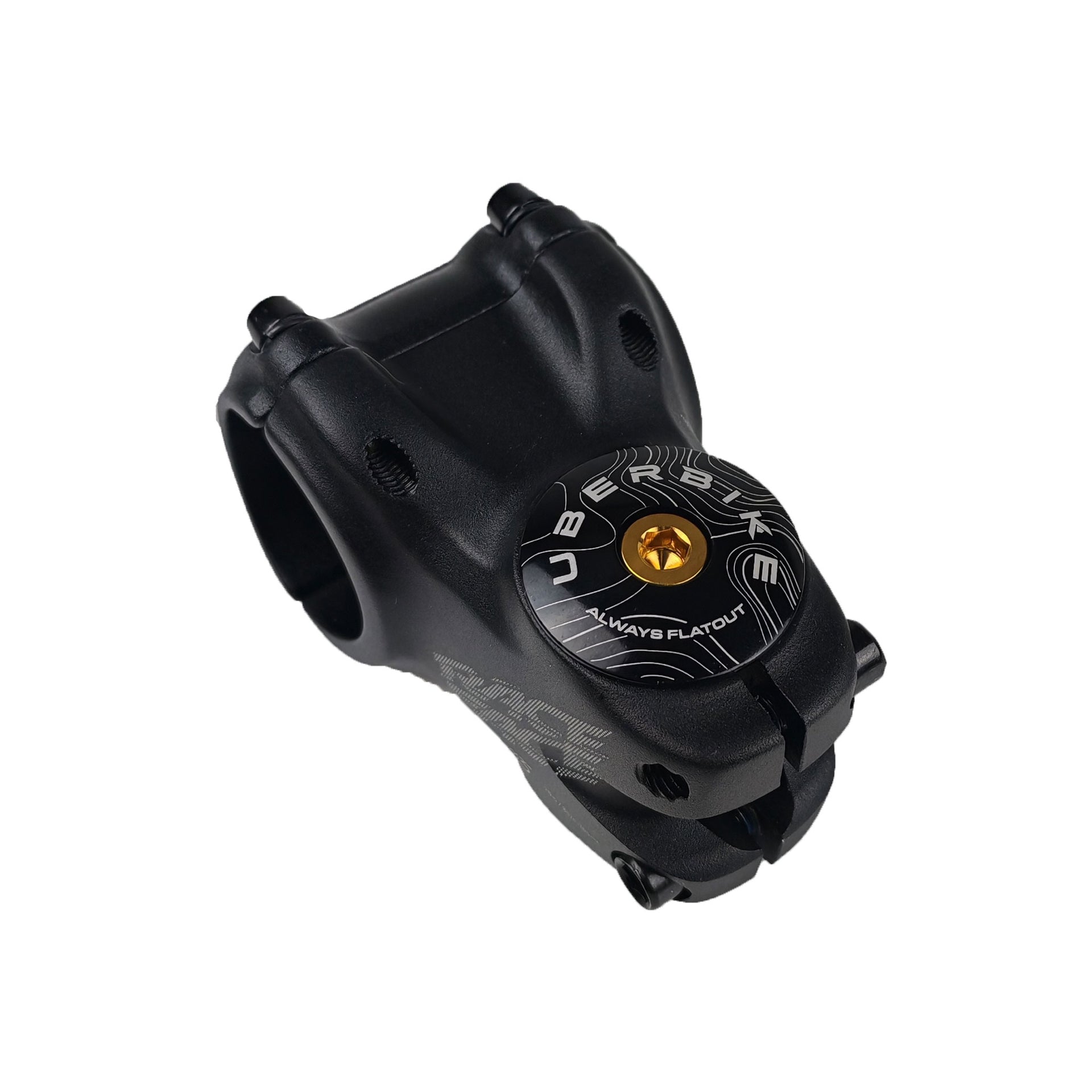 black headset top cap with a gold bolt with uberbike branding on a white background