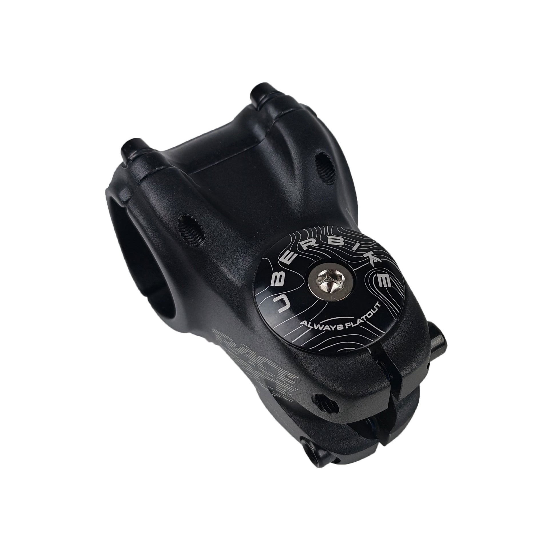 black headset top cap with a raw bolt with uberbike branding on a white background