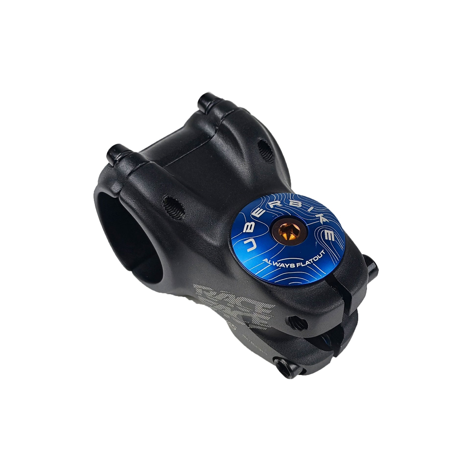 blue headset top cap with a bronze bolt with uberbike branding on a white background