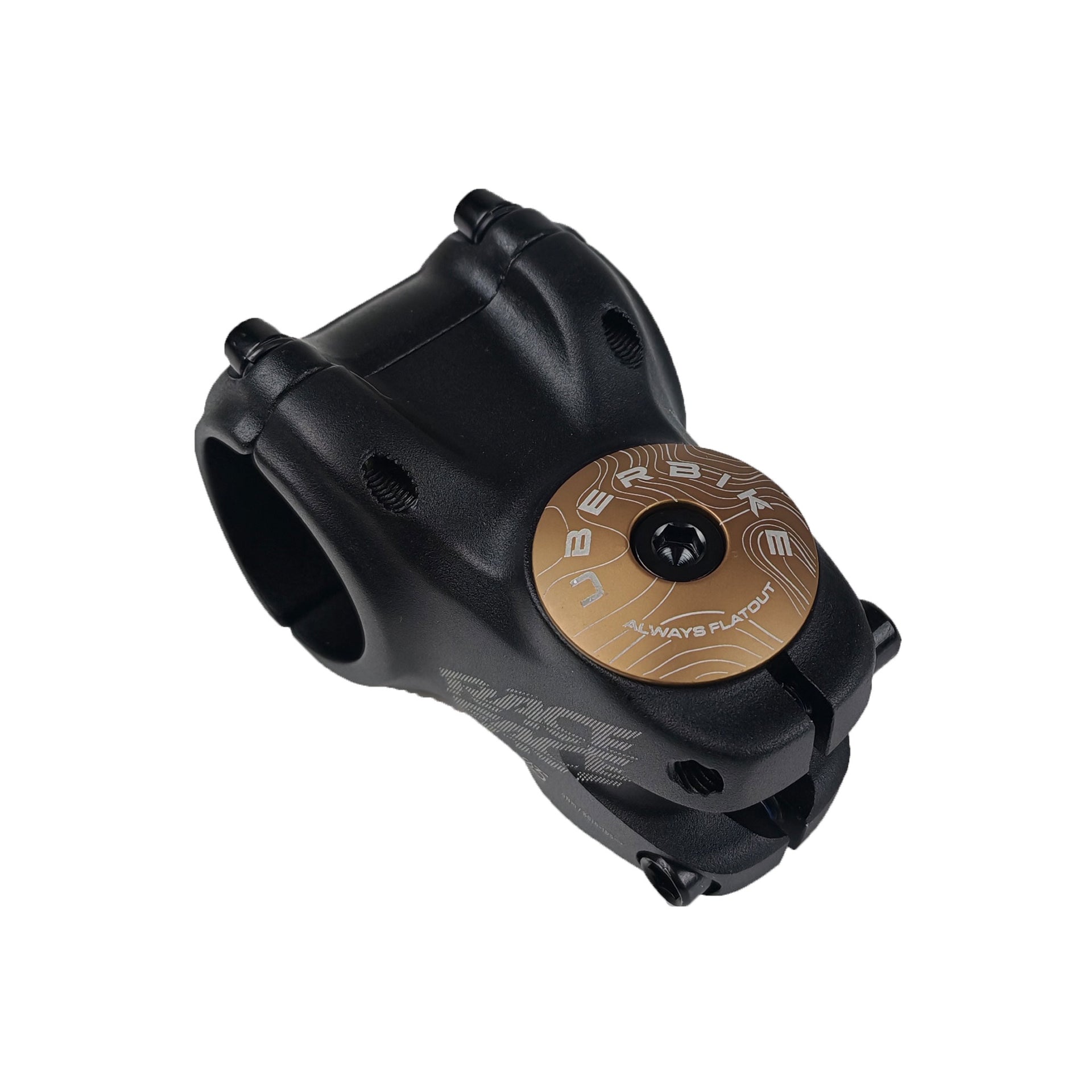 bronze headset top cap with a black bolt with uberbike branding on a white background