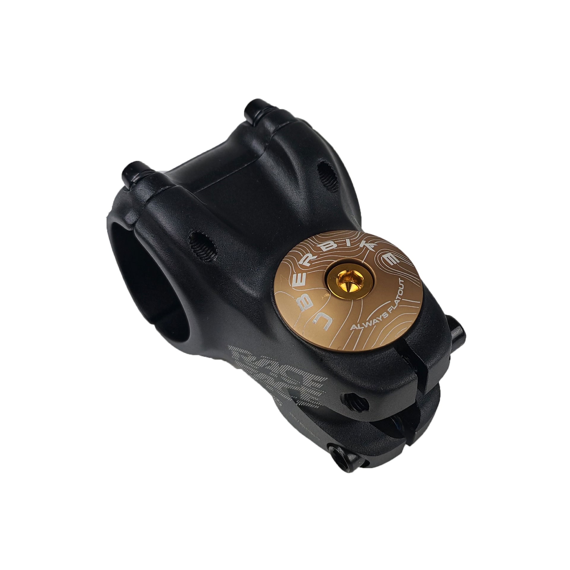 bronze headset top cap with a gold bolt with uberbike branding on a white background