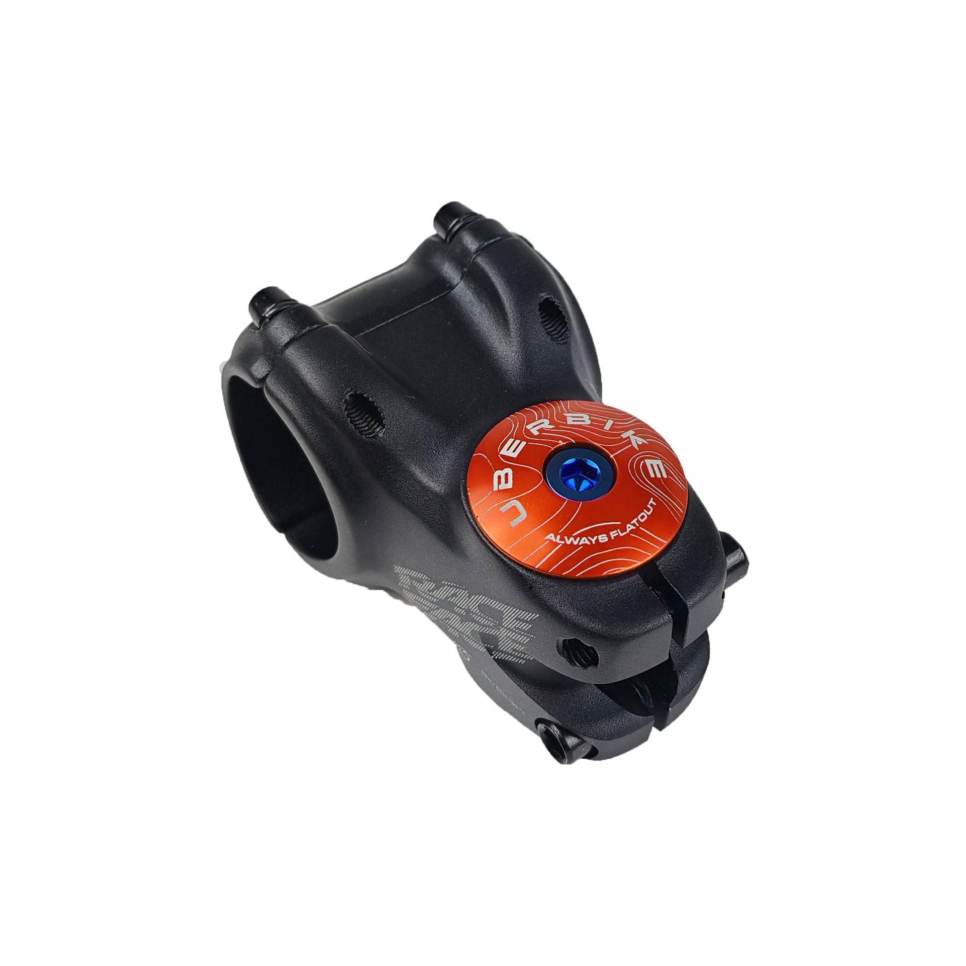 orange headset top cap with a blue bolt with uberbike branding on a white background