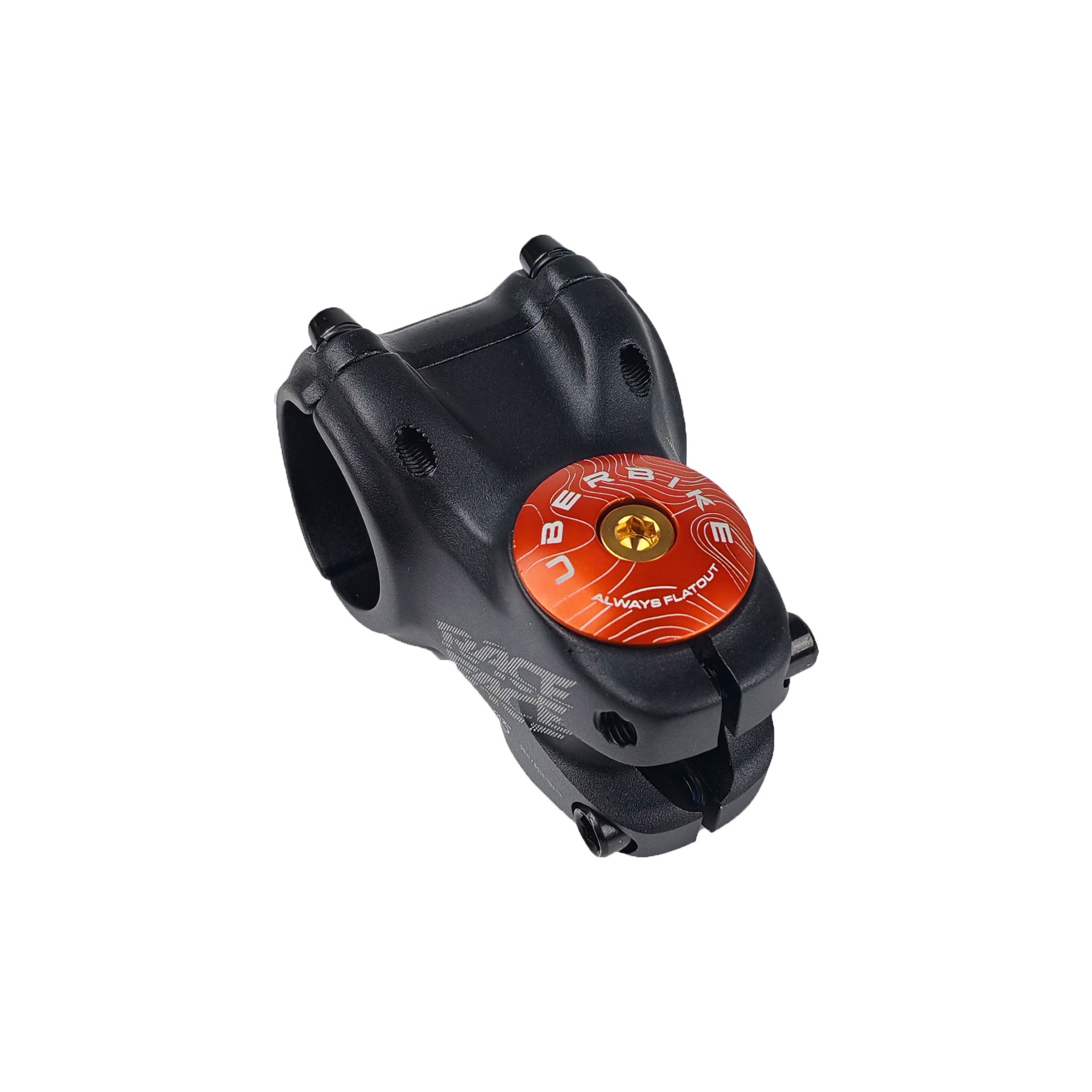 orange headset top cap with a gold bolt with uberbike branding on a white background