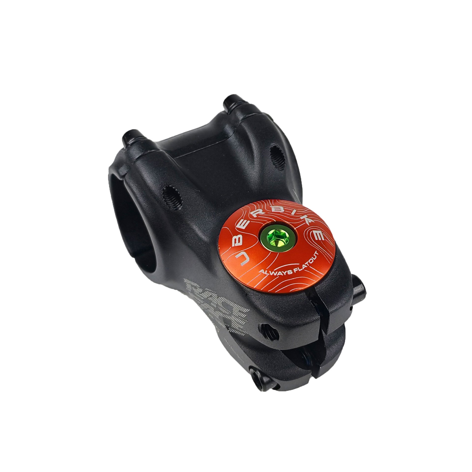 orange headset top cap with a green bolt with uberbike branding on a white background