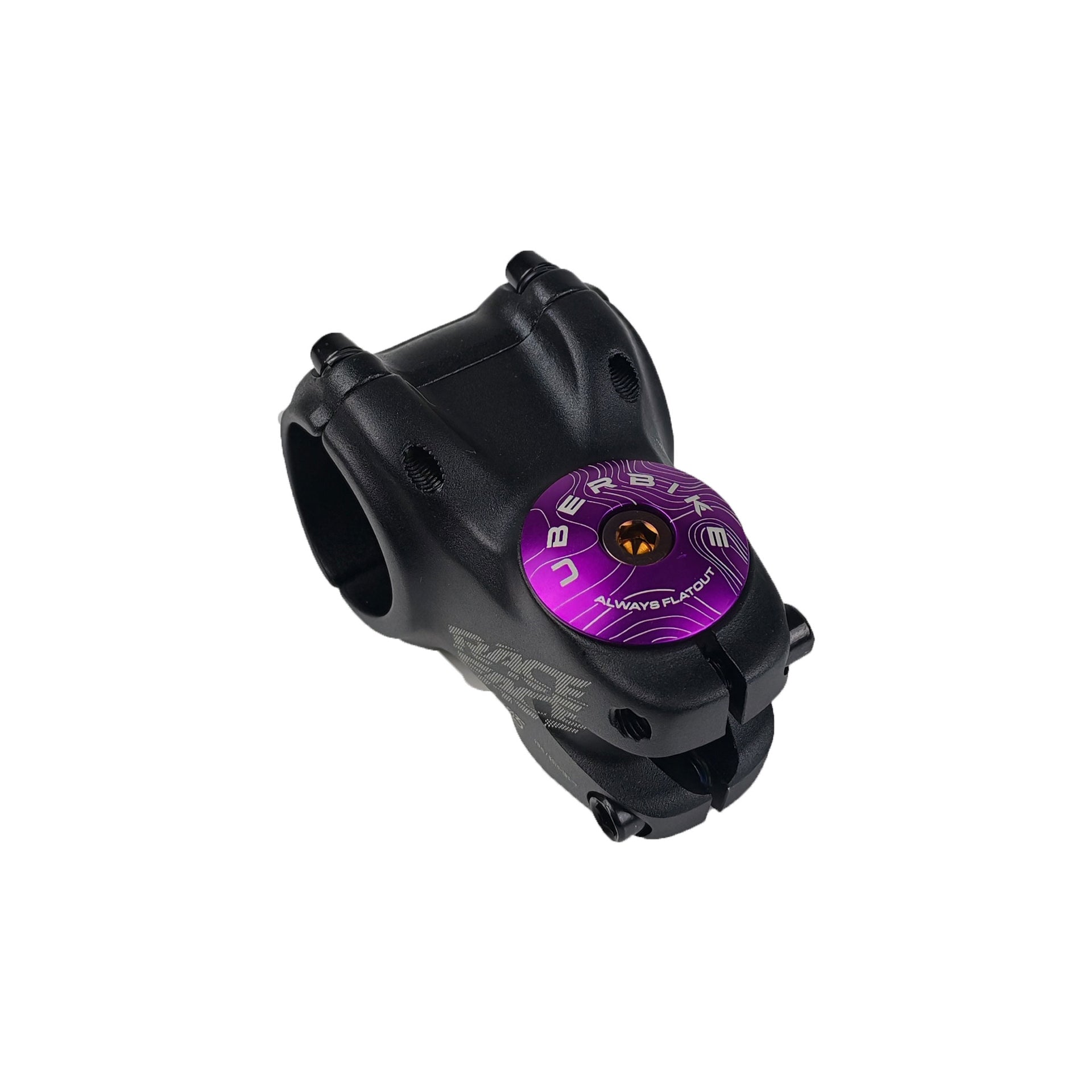 purple headset top cap with a bronze bolt with uberbike branding on a white background