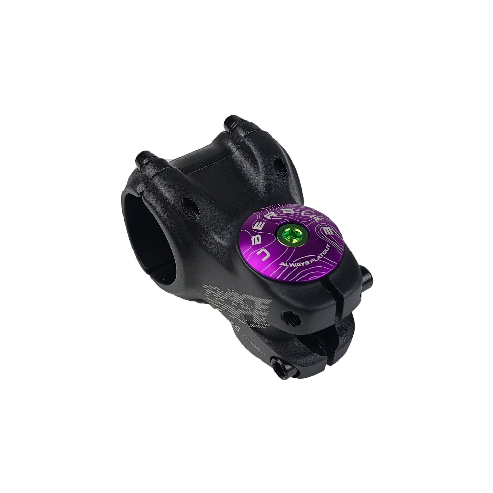 purple headset top cap with a green bolt with uberbike branding on a white background