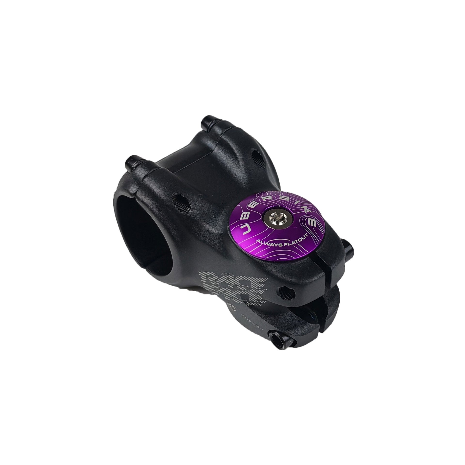 purple headset top cap with a raw bolt with uberbike branding on a white background