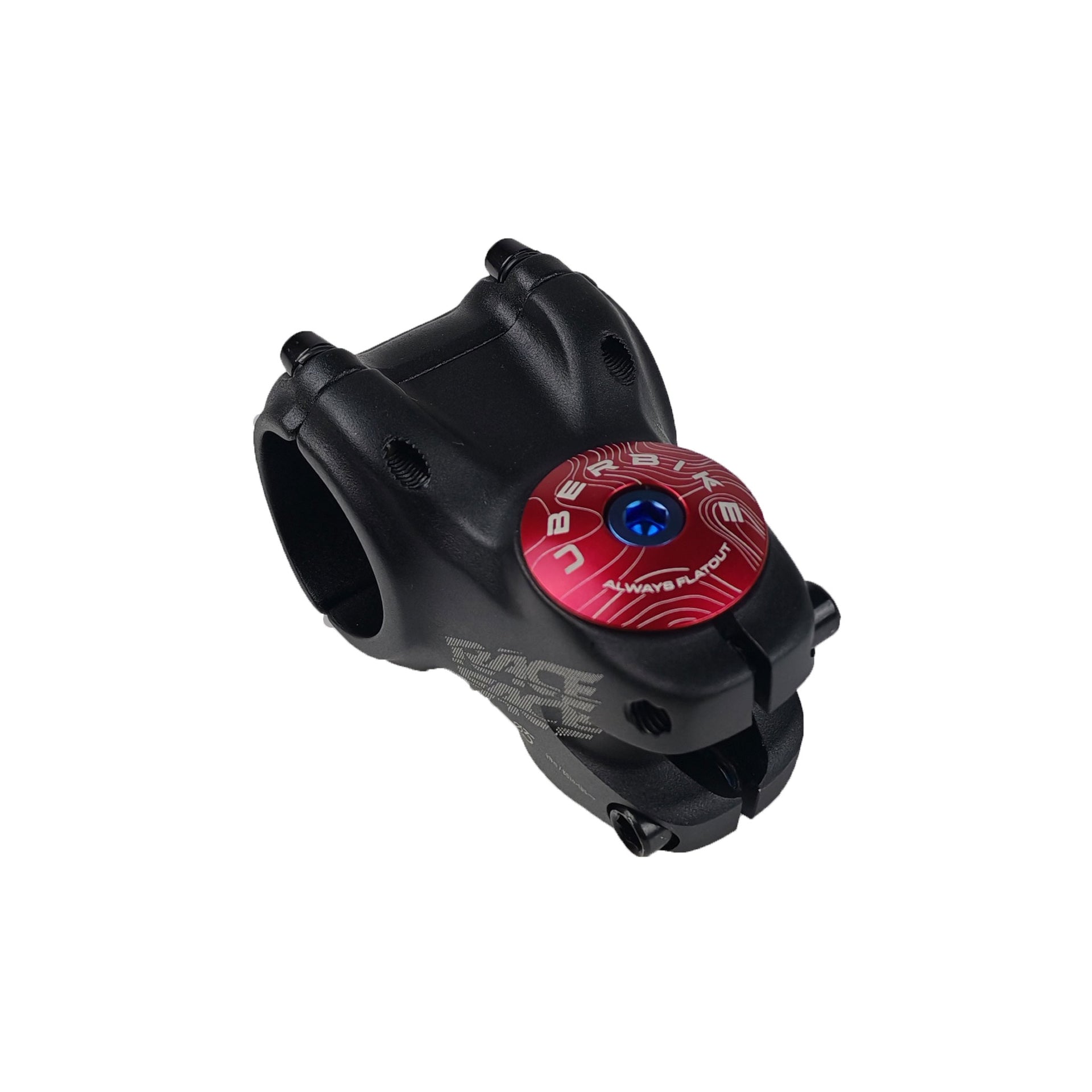 red headset top cap with a blue bolt with uberbike branding on a white background