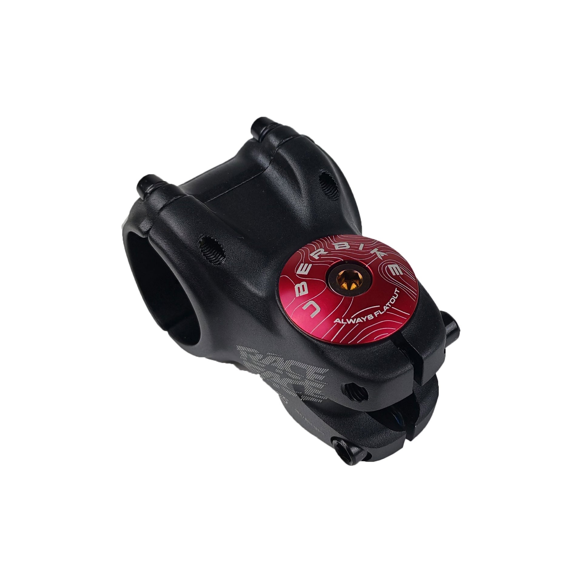 red headset top cap with a bronze bolt with uberbike branding on a white background