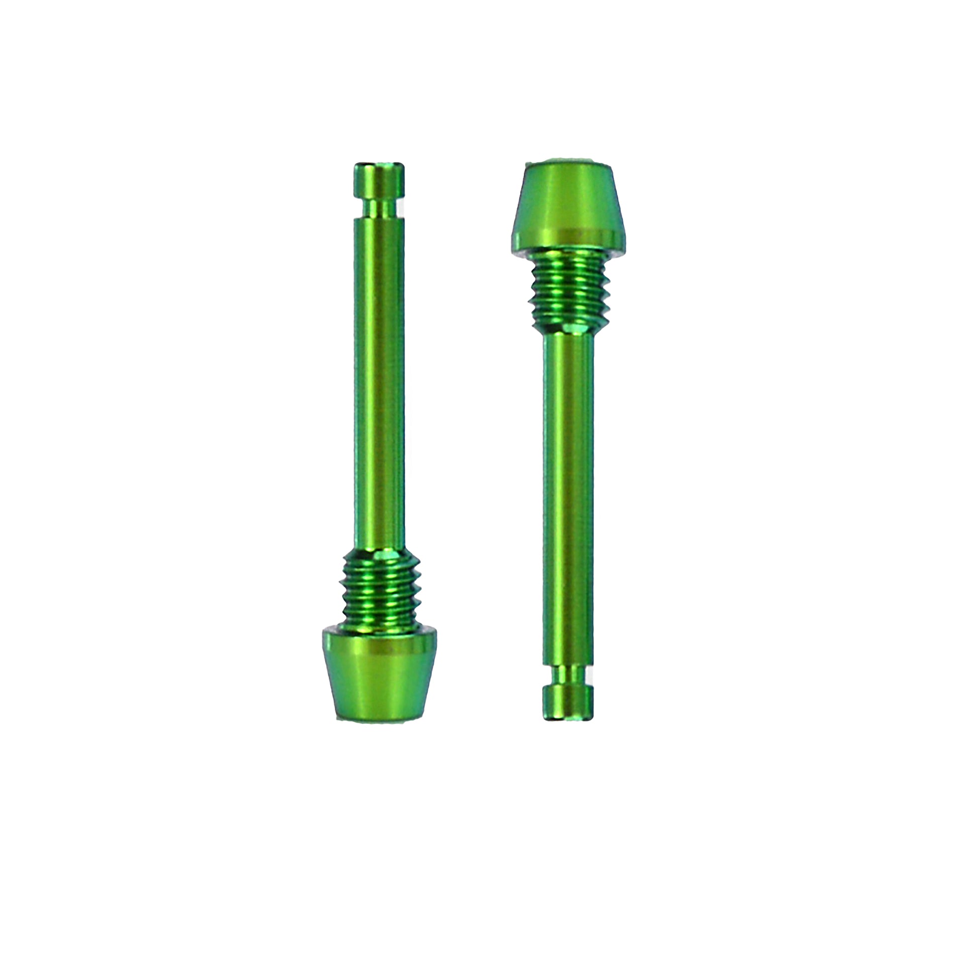 two green hope disc brake retaining pad pins on a white background