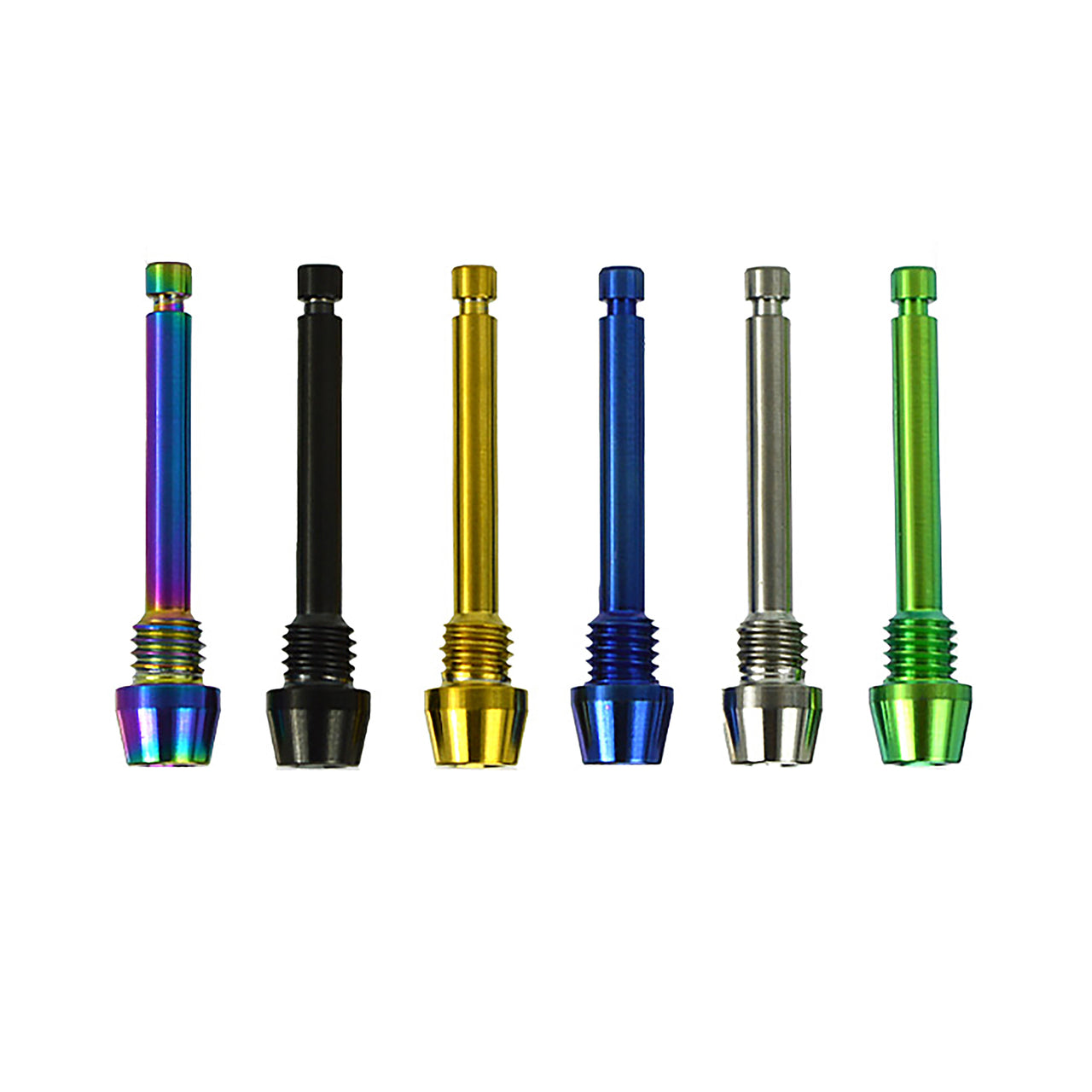 6 different coloured hope disc brake retaining pad pins on a white background
