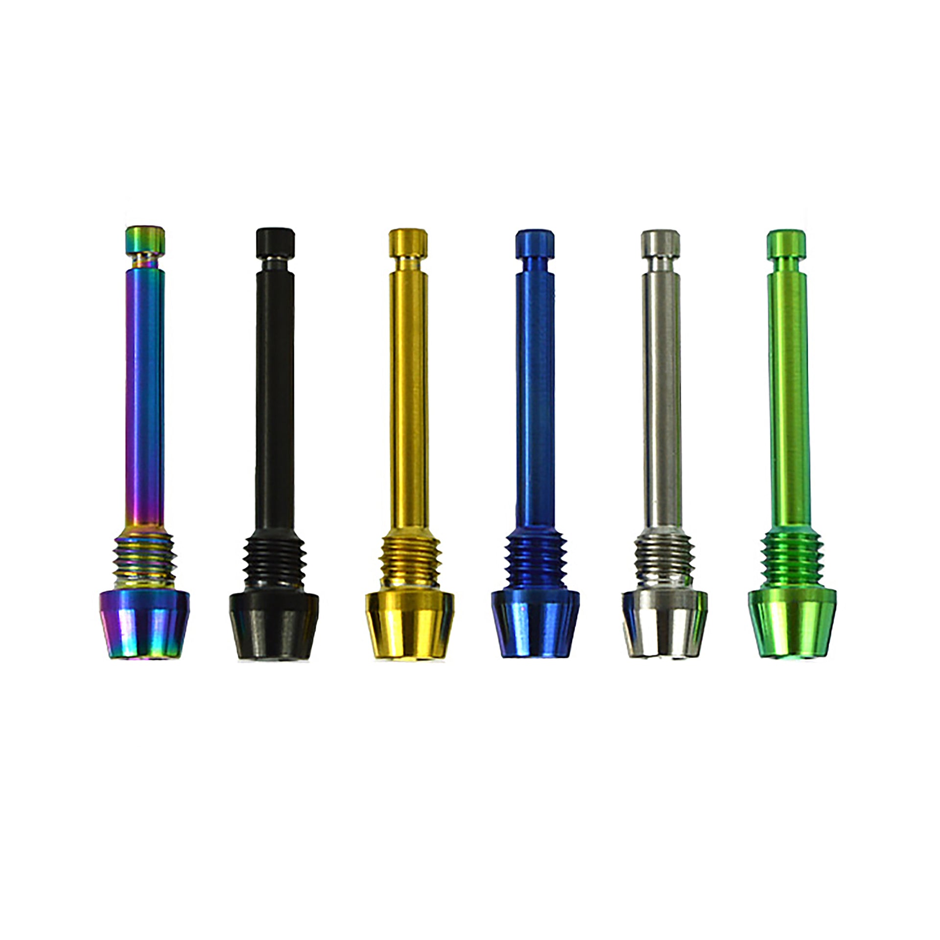 6 different coloured hope disc brake retaining pad pins on a white background