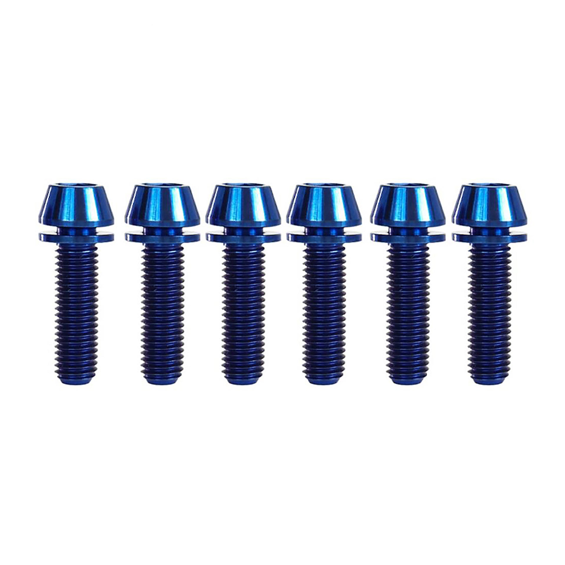 6 blue titanium bolts for gravity stem on a white background
