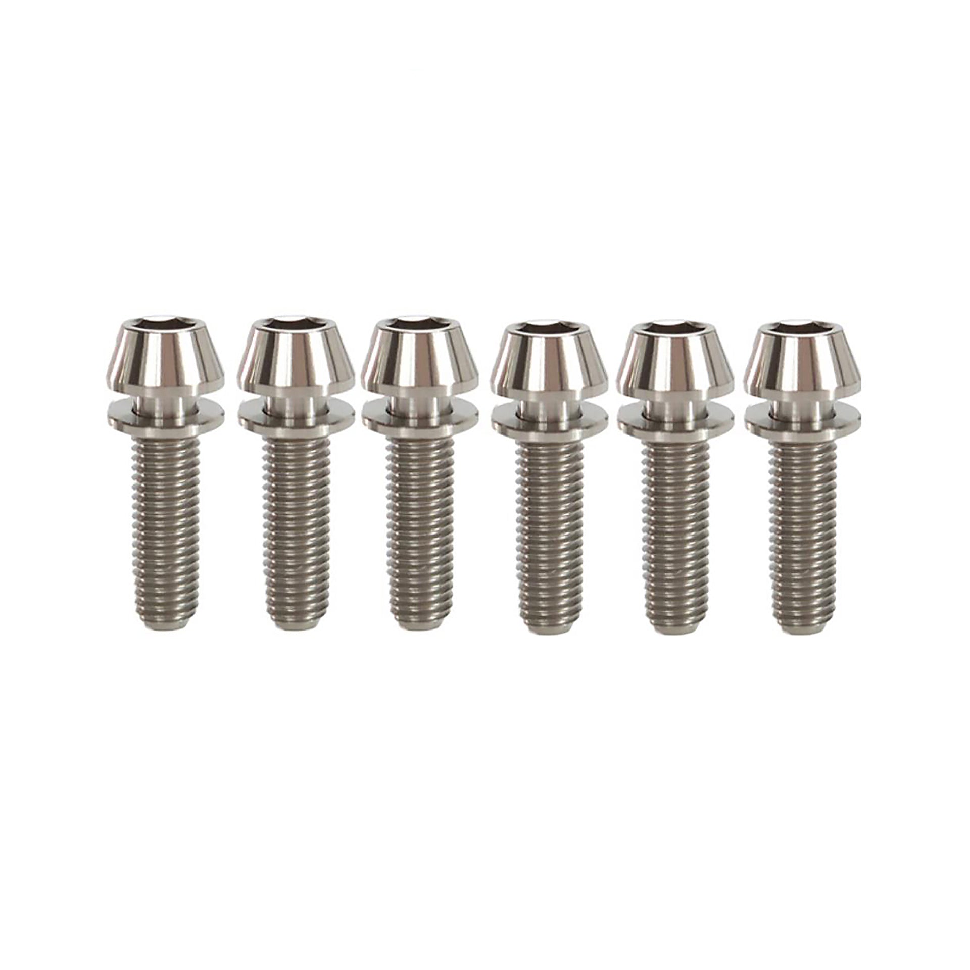 6 raw titanium bolts for gravity stem on a white background