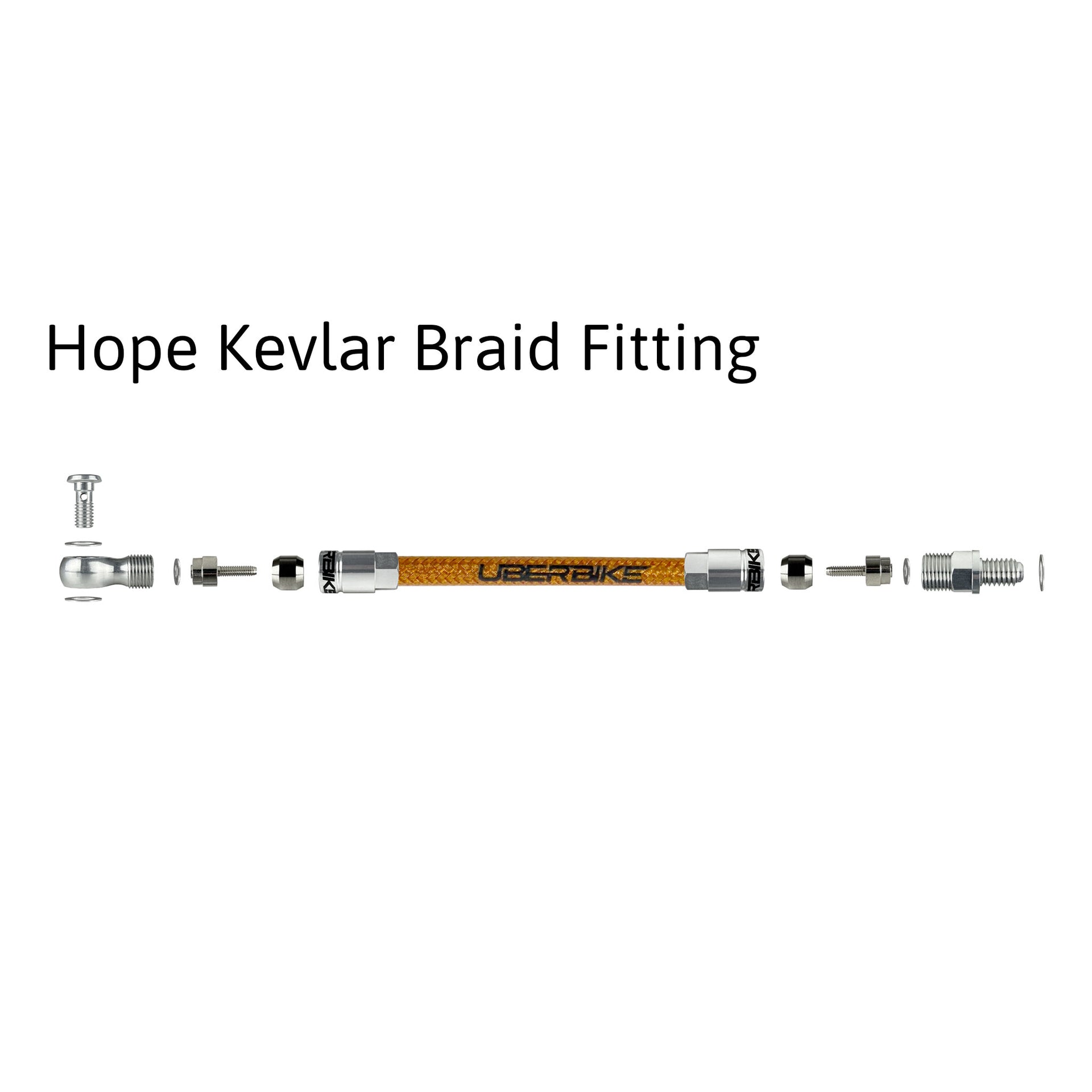 a diagram showing hope aluminium banjo fittings for kevlar braid hydraulic hose on a white background
