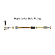 a diagram showing all the brake fittings for hope kevlar braid hydraulic brake hose kits on a white background