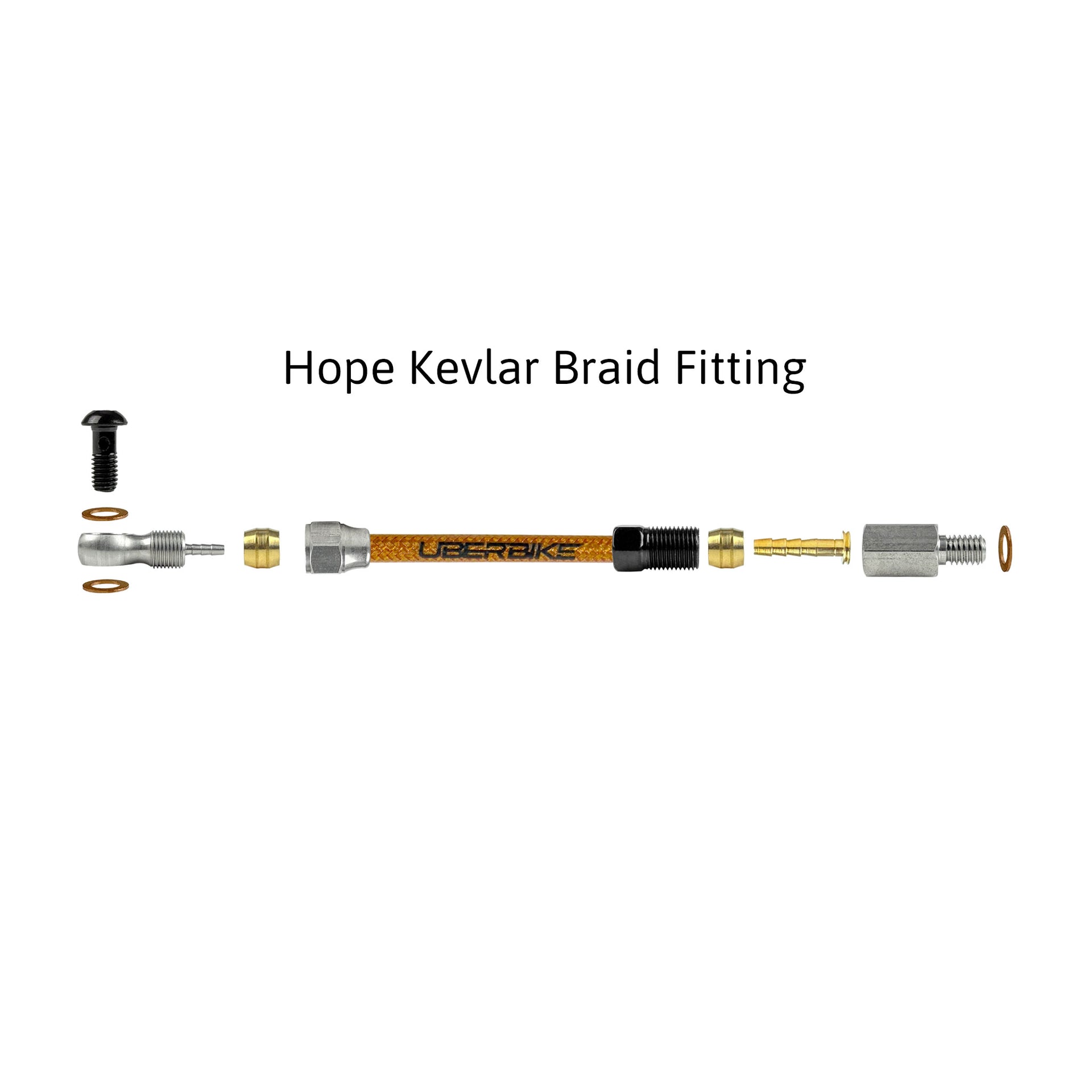 a diagram showing all the brake fittings for hope kevlar braid hydraulic brake hose kits on a white background