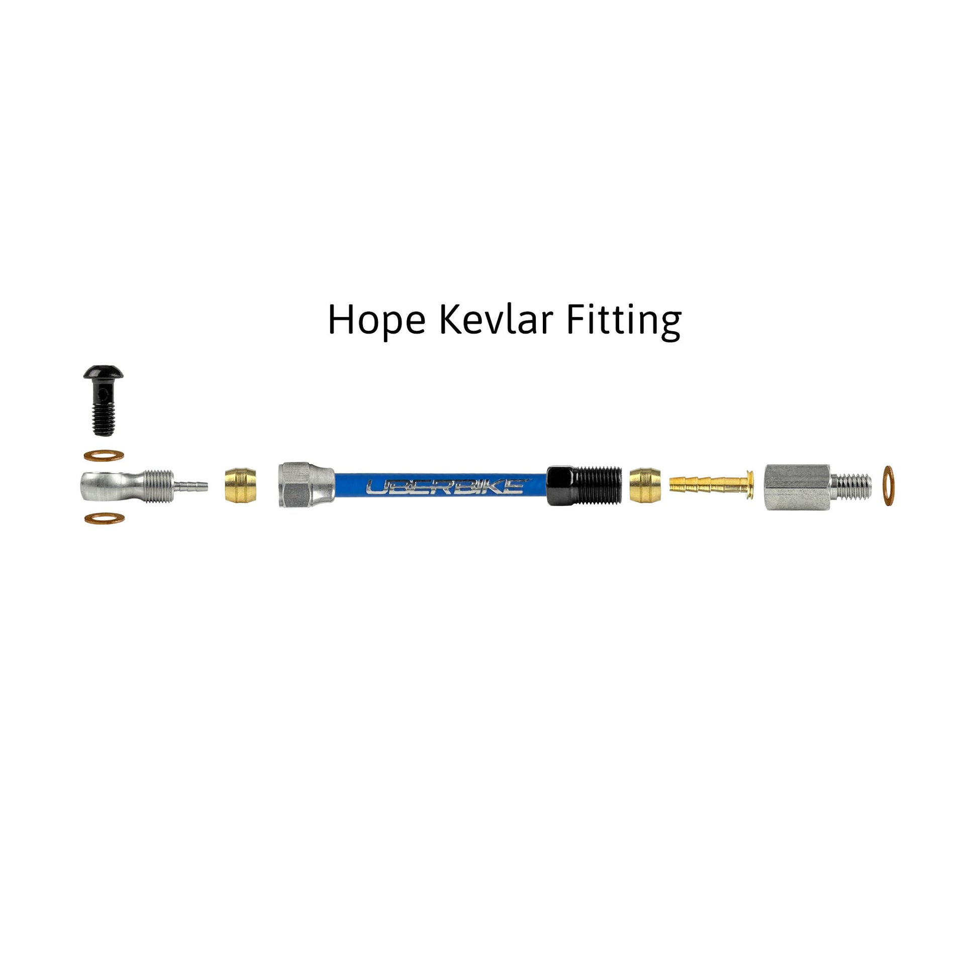 a diagram showing all the brake fittings for hope hydraulic brake hose kits on a white background