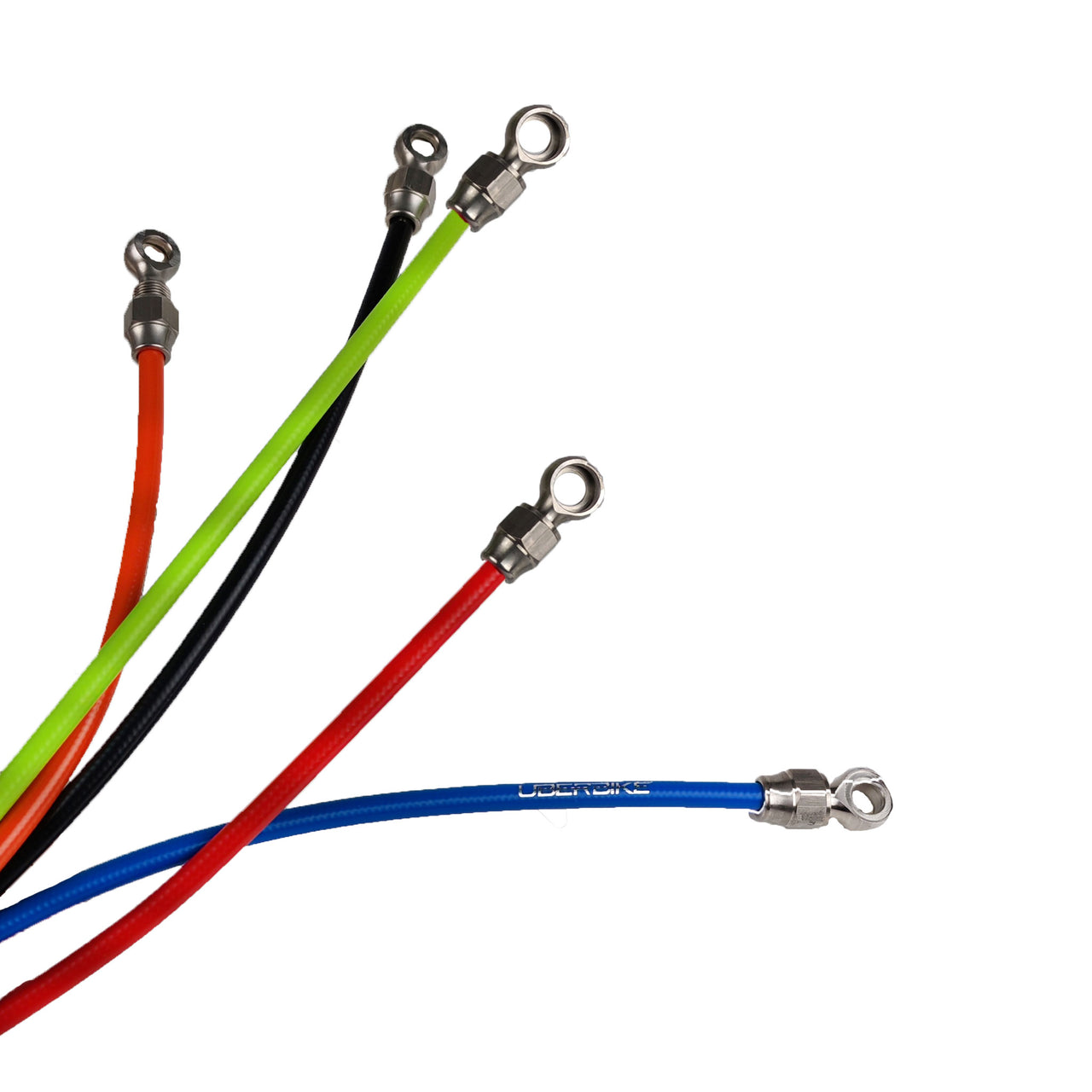 5 different coloured hope kevlar hydraulic brake hose on a white background