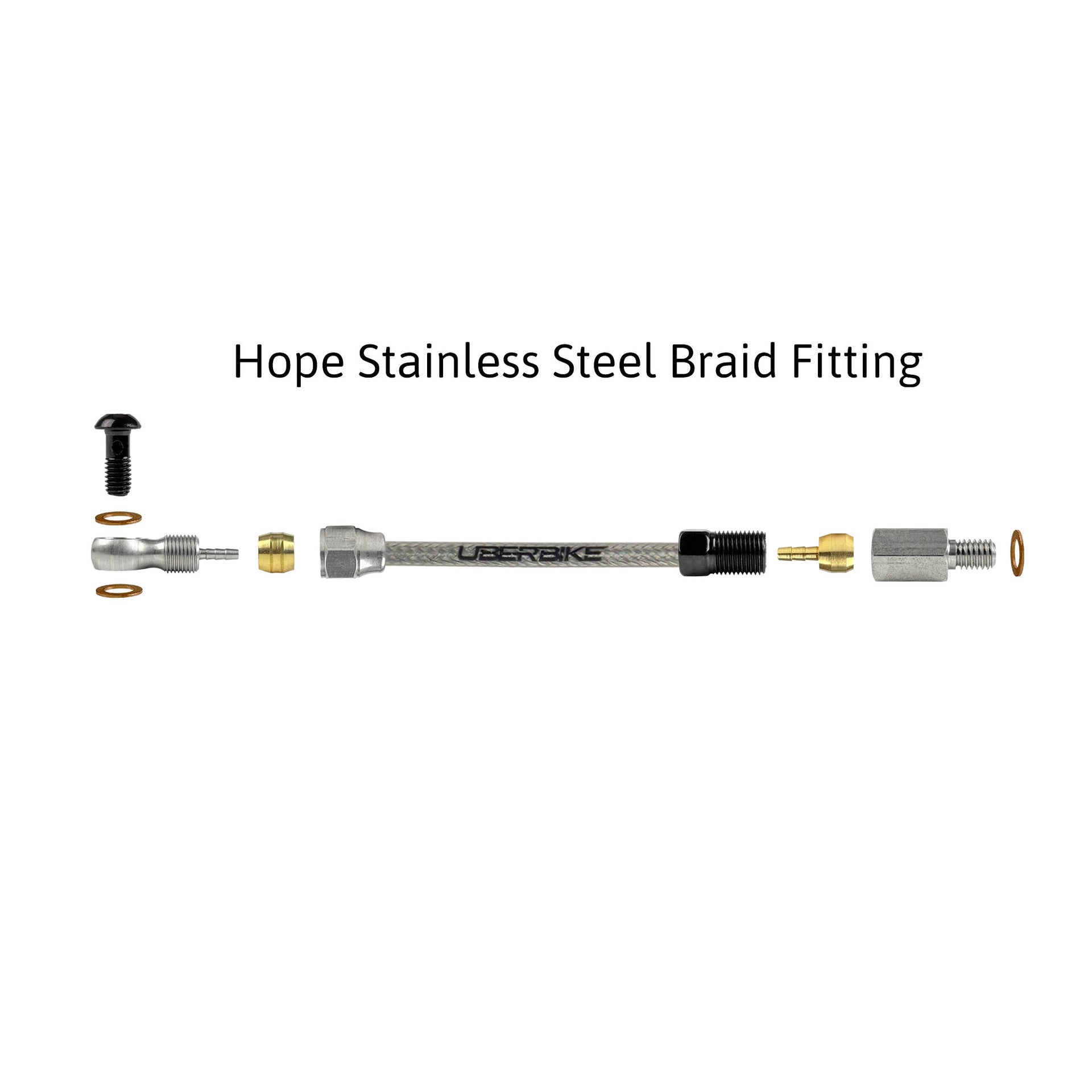 a diagram showing all the brake fittings for hope stainless braid hydraulic brake hose kits on a white background