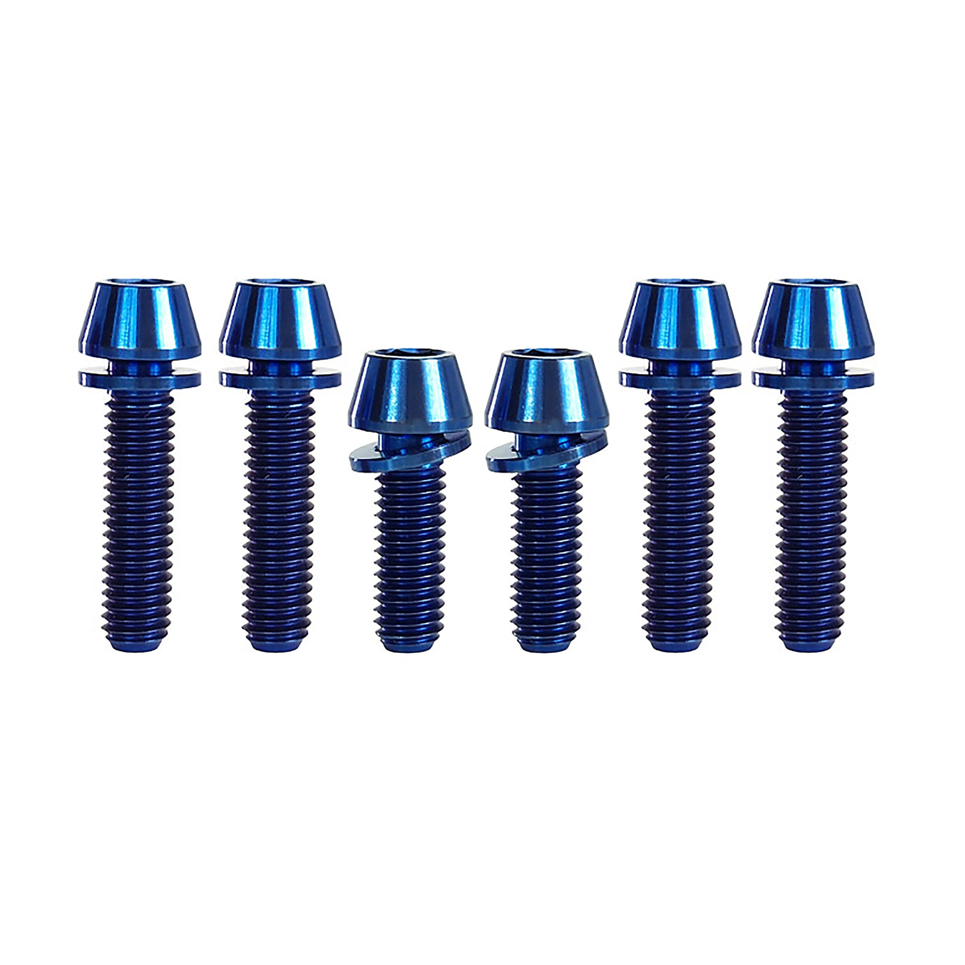 6 blue titanium bolts for AC / XC stem on a white background
