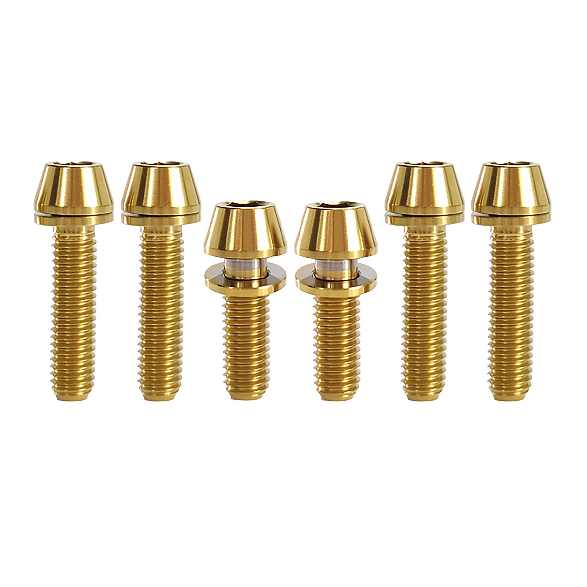 6 gold titanium bolts for AC / XC stem on a white background