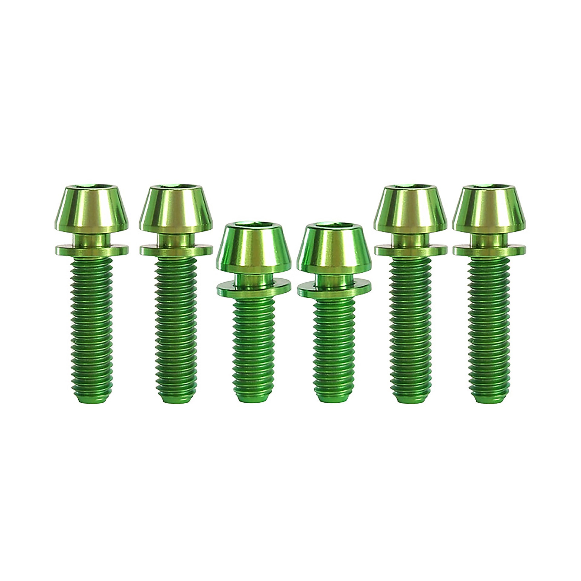 6 green titanium bolts for AC / XC stem on a white background