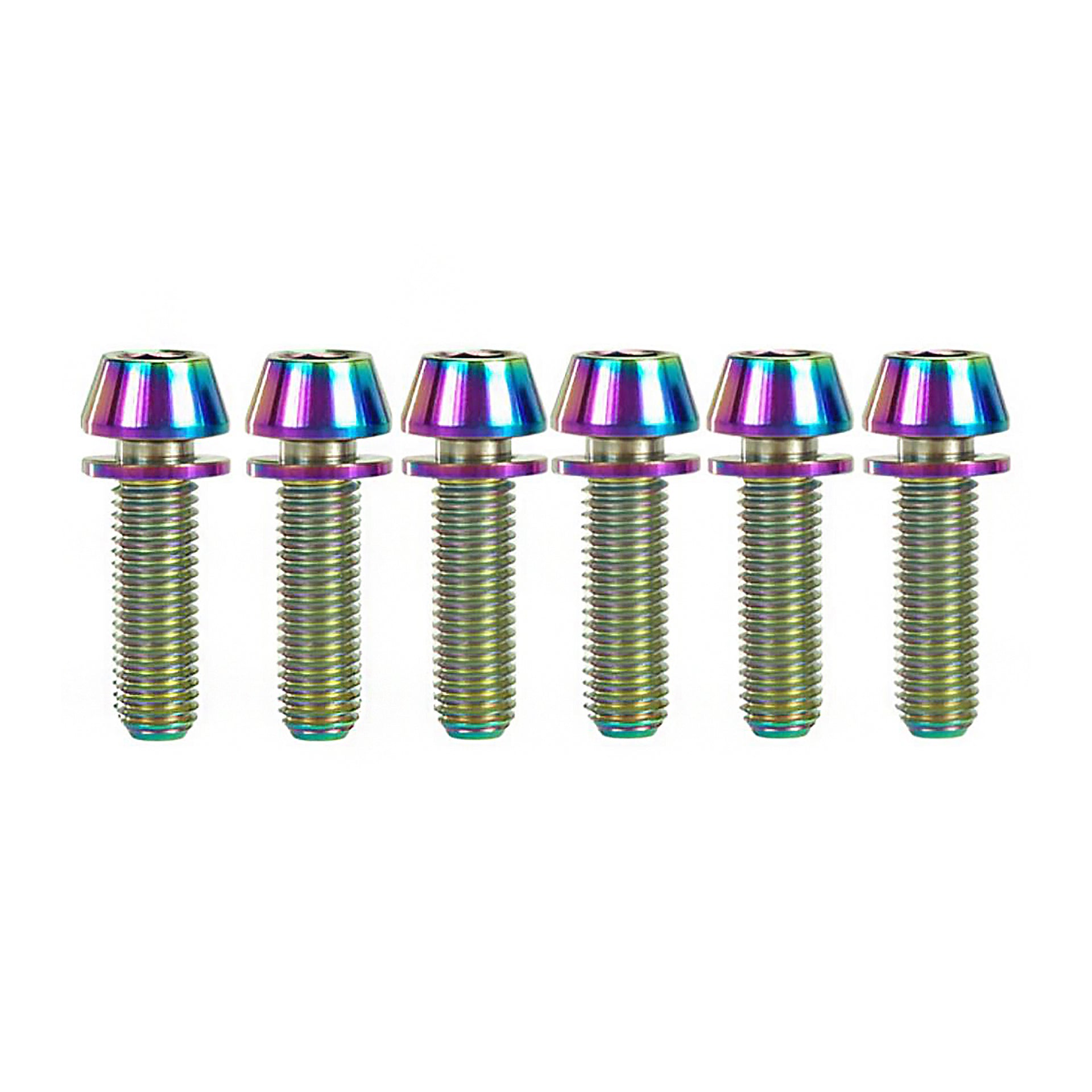 6 oilslick titanium bolts for gravity stem on a white background