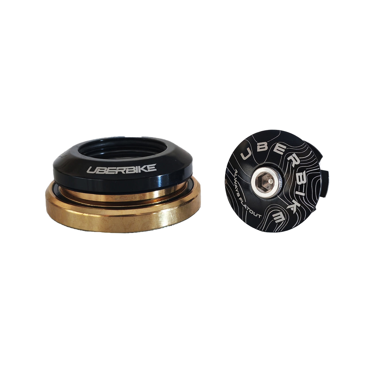 black and gold integrated headset with uberbike branding on a white background