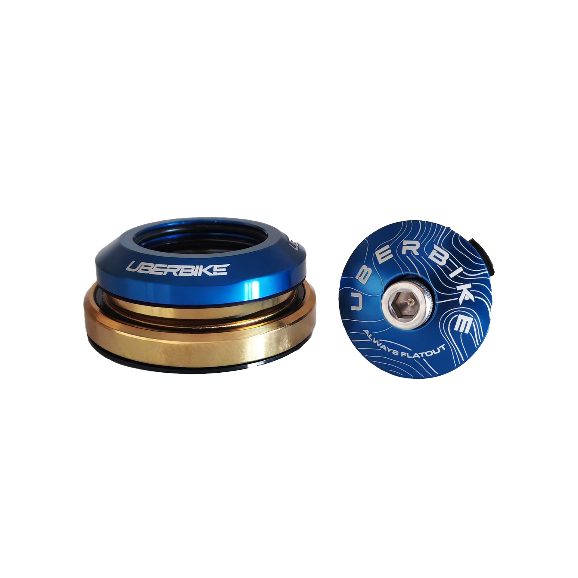 blue and gold integrated headset with uberbike branding on a white background