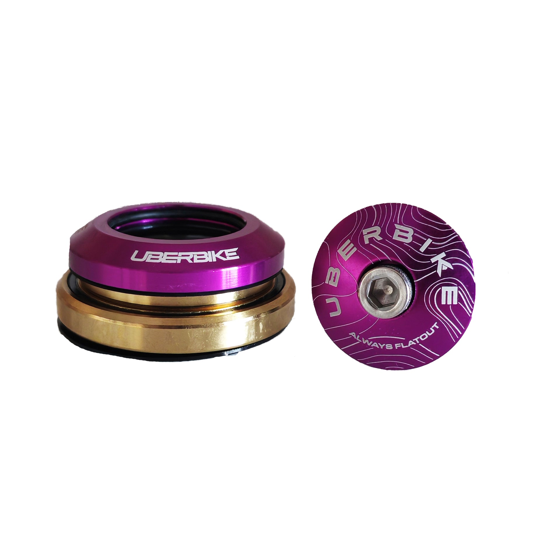 purple and gold integrated headset with uberbike branding on a white background