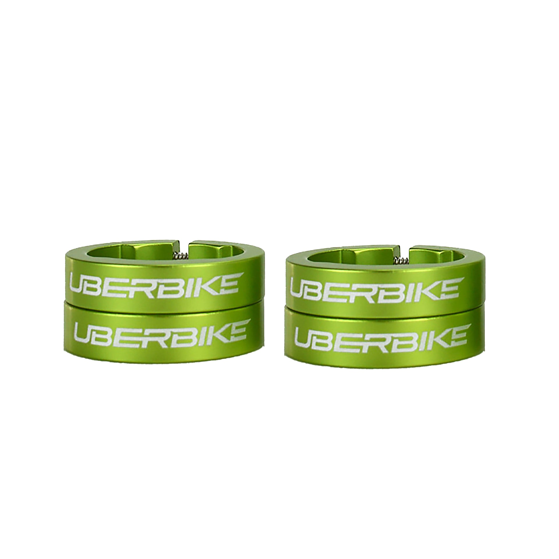 Four green bicycle grip lock on rings with 'UberBike' branding on a white background