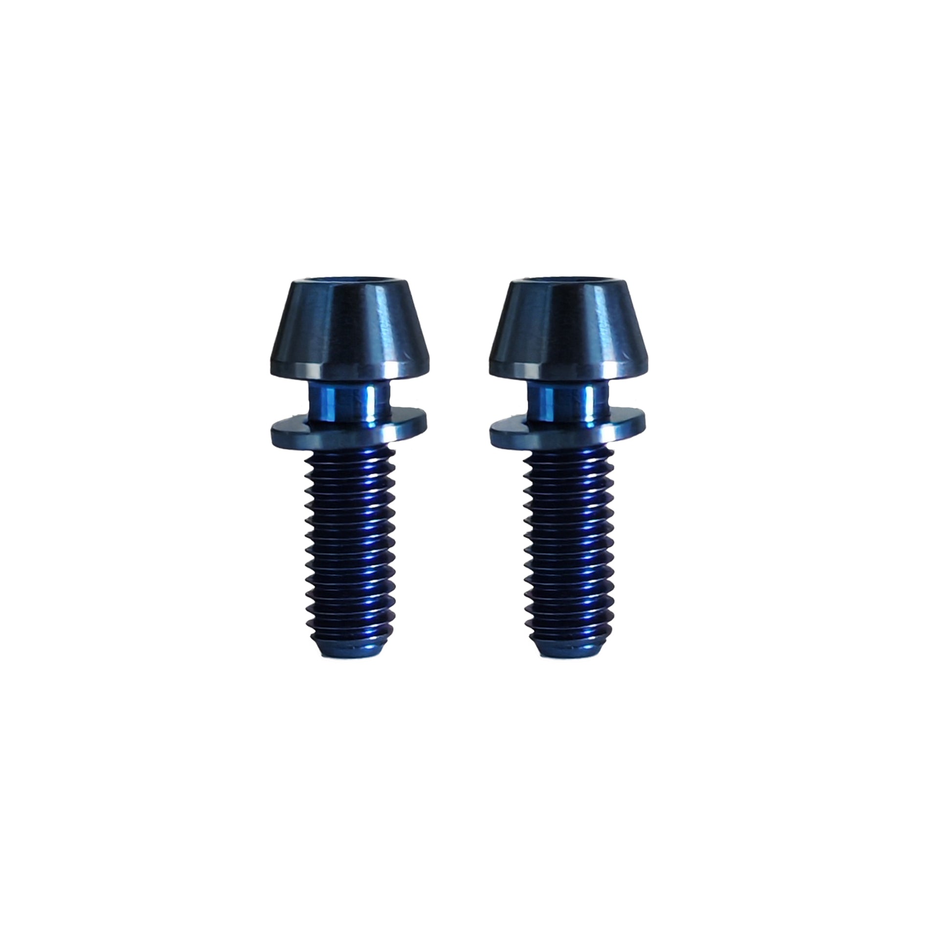 2 m5x15mm blue titanium bolts on a white background