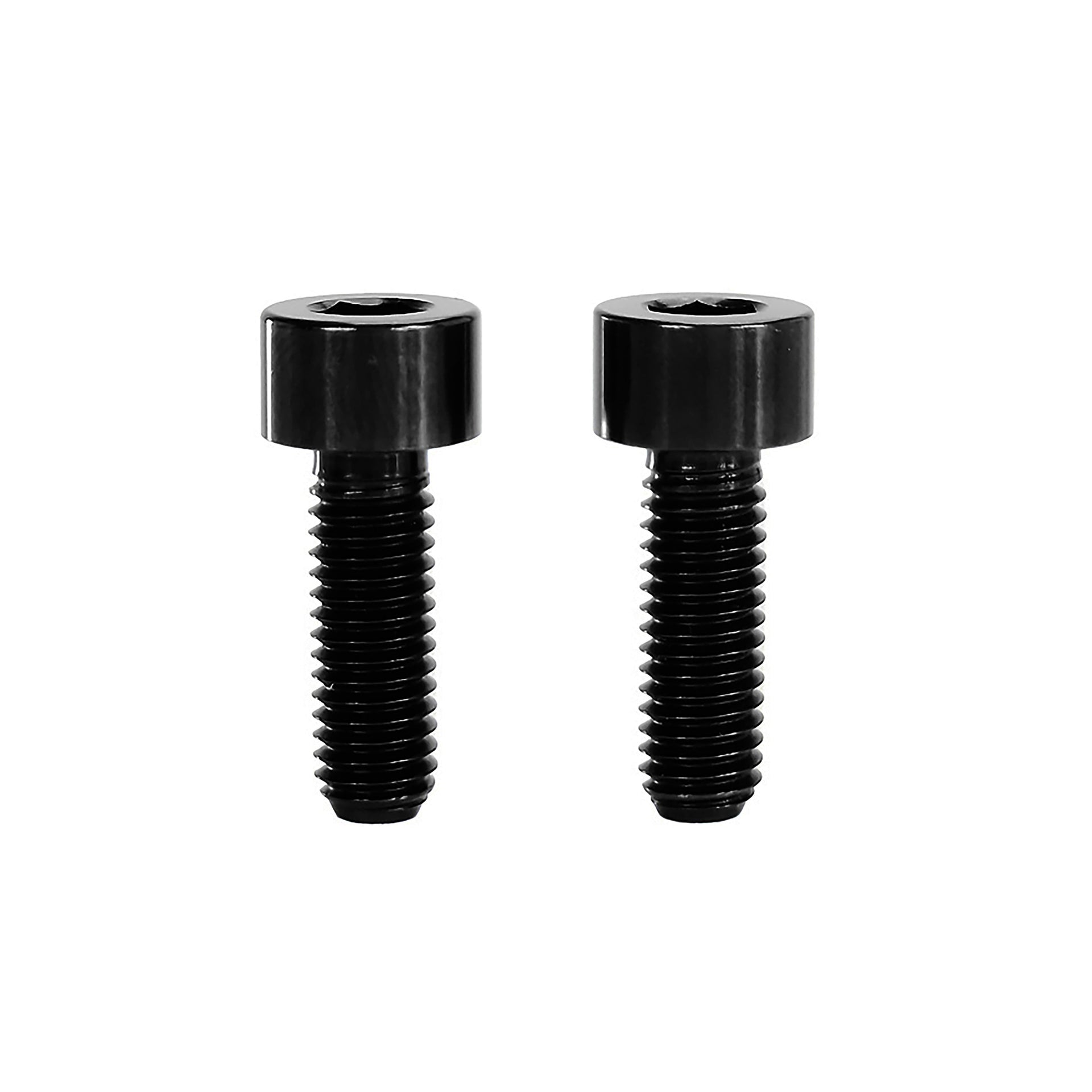 2 black m5x15 cap head titanium bolts on a white background