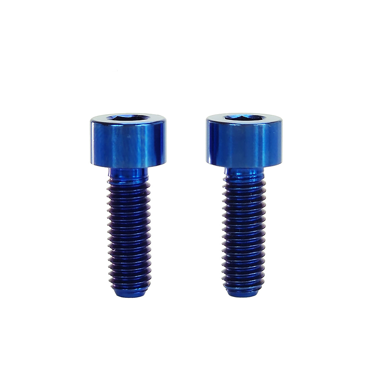 2 blue m5x15 cap head titanium bolts on a white background