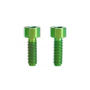 2 green m5x15 cap head titanium bolts on a white background