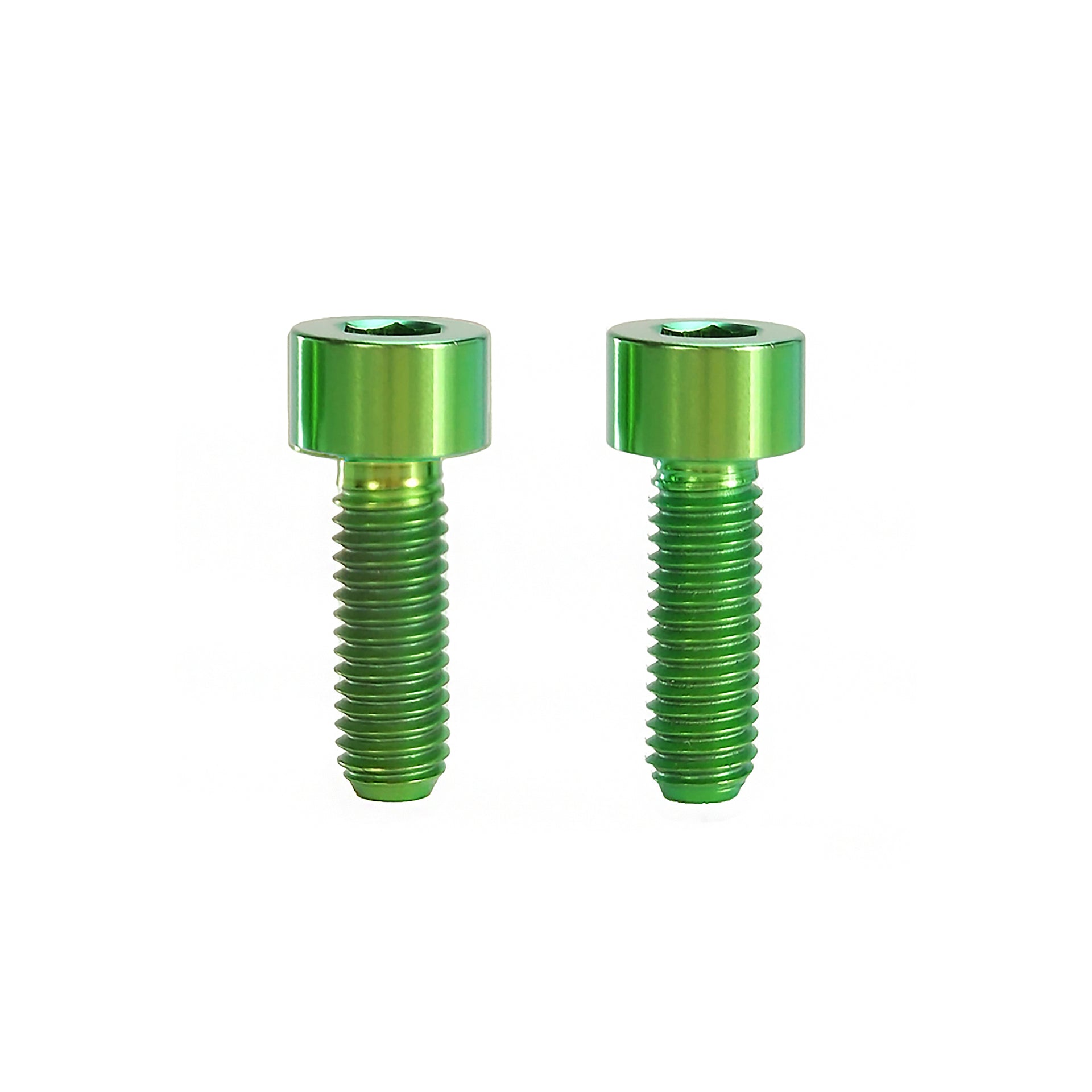 2 green m5x15 cap head titanium bolts on a white background