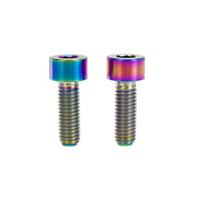 2 oil slick m5x15 cap head titanium bolts on a white background