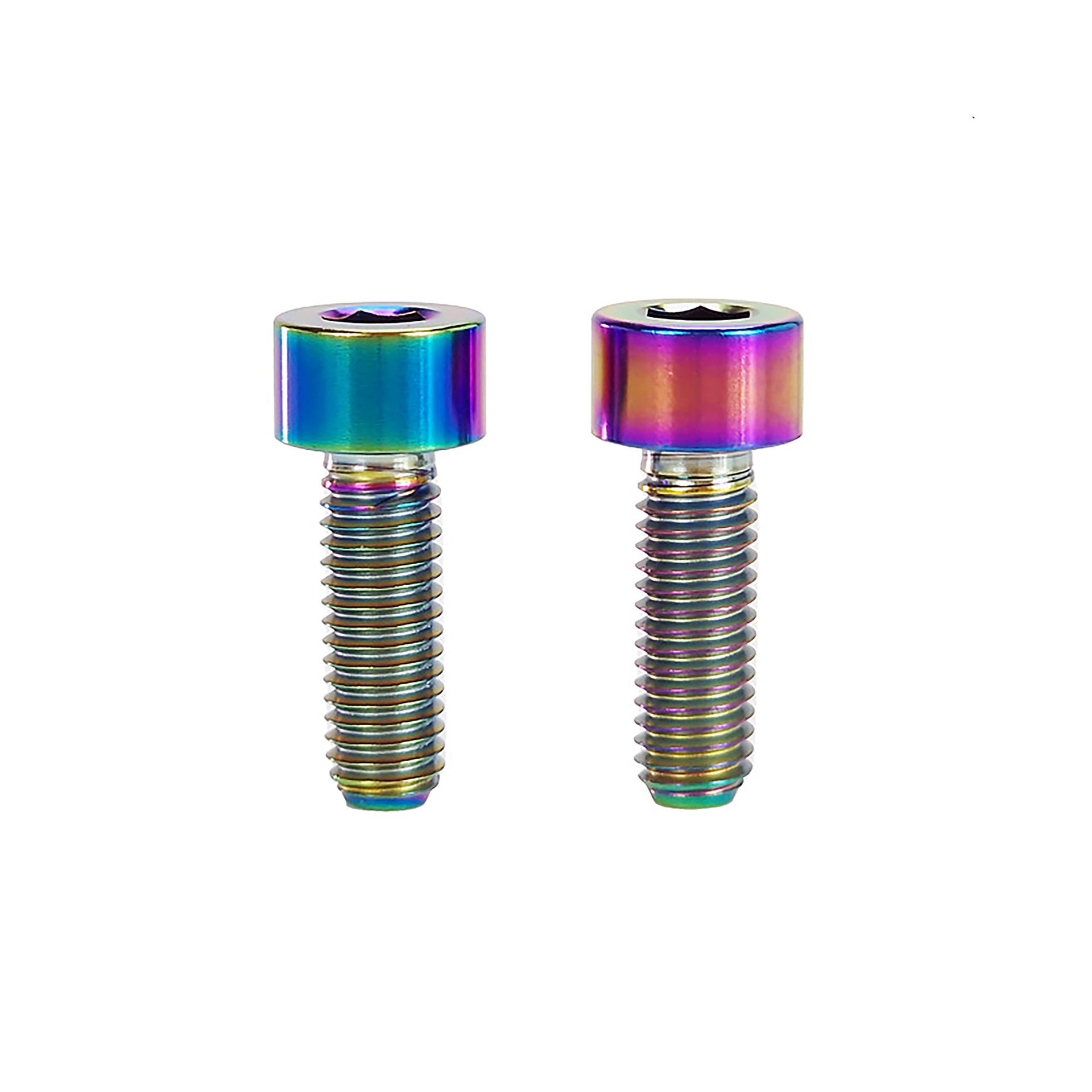 2 oil slick m5x15 cap head titanium bolts on a white background