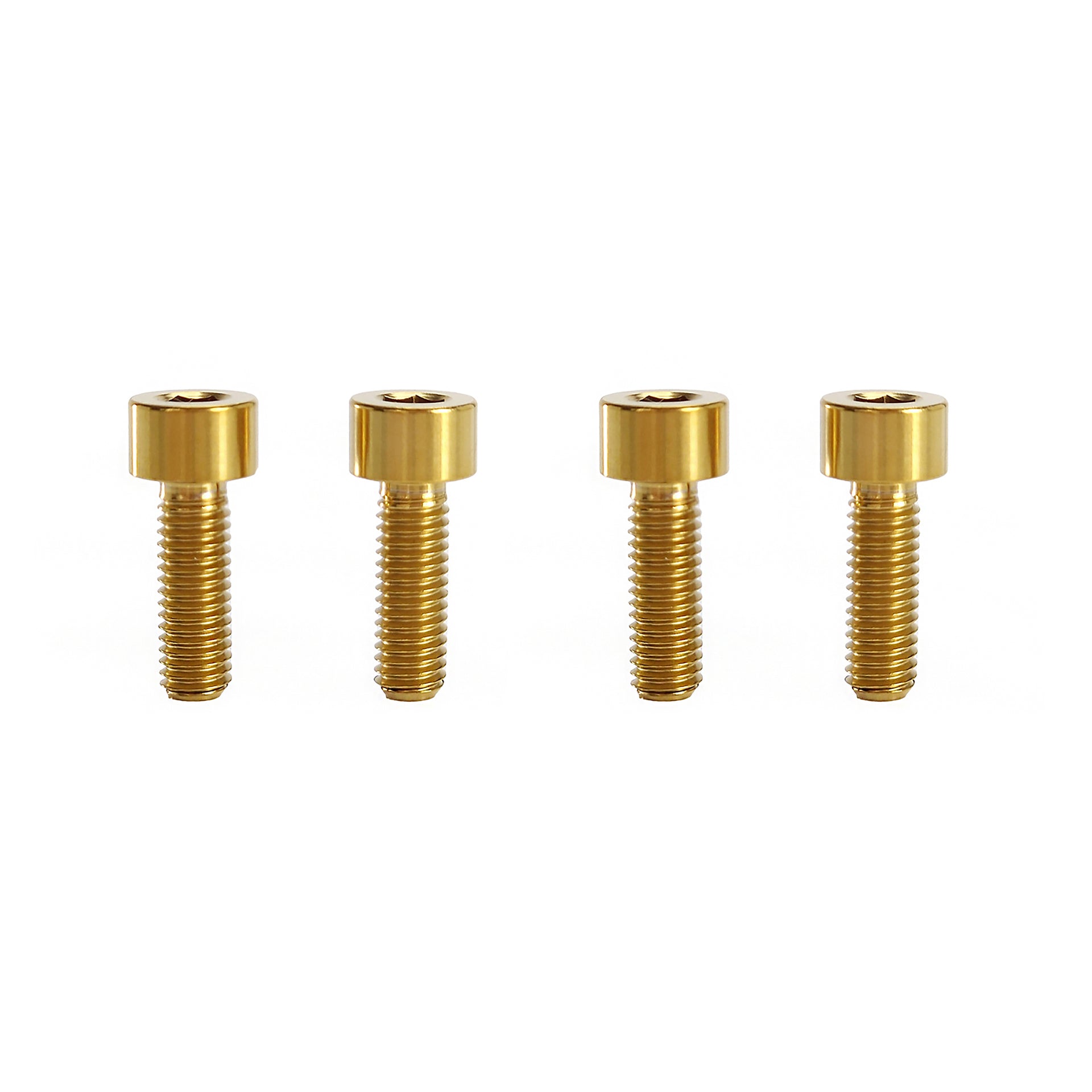 4 gold m5x15 cap head titanium bolts on a white background