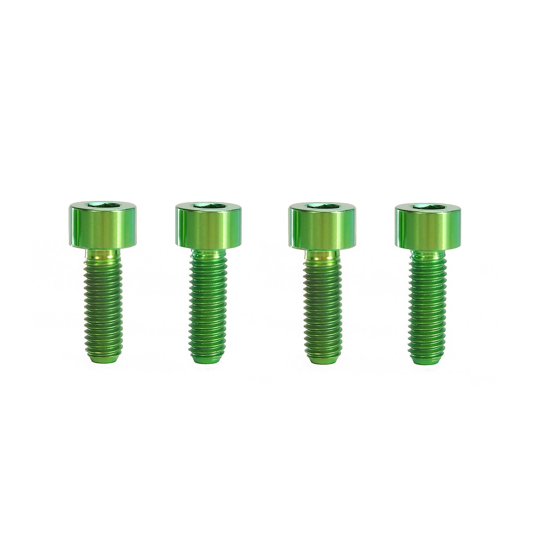 4 green m5x15 cap head titanium bolts on a white background
