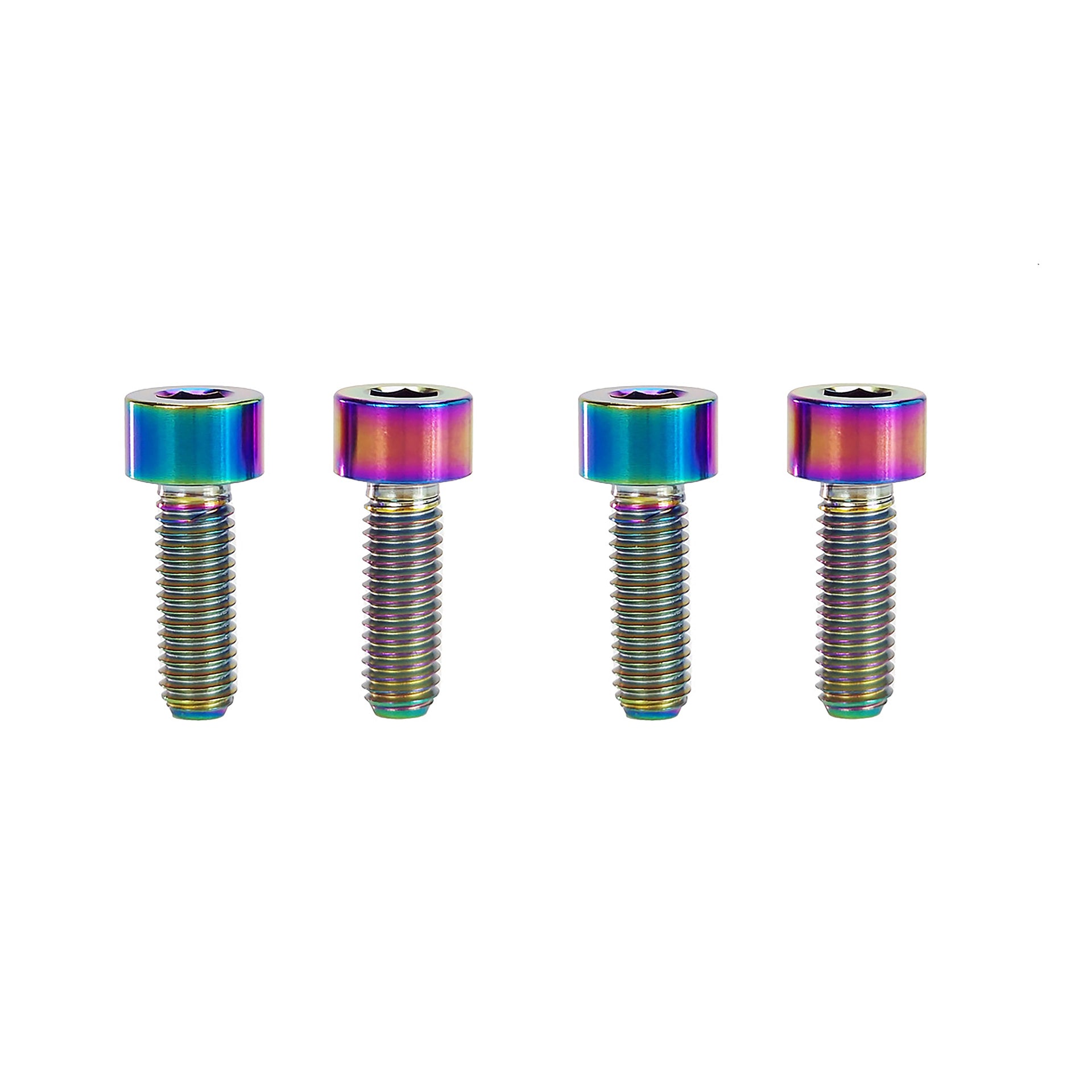 4 oil slick m5x15 cap head titanium bolts on a white background