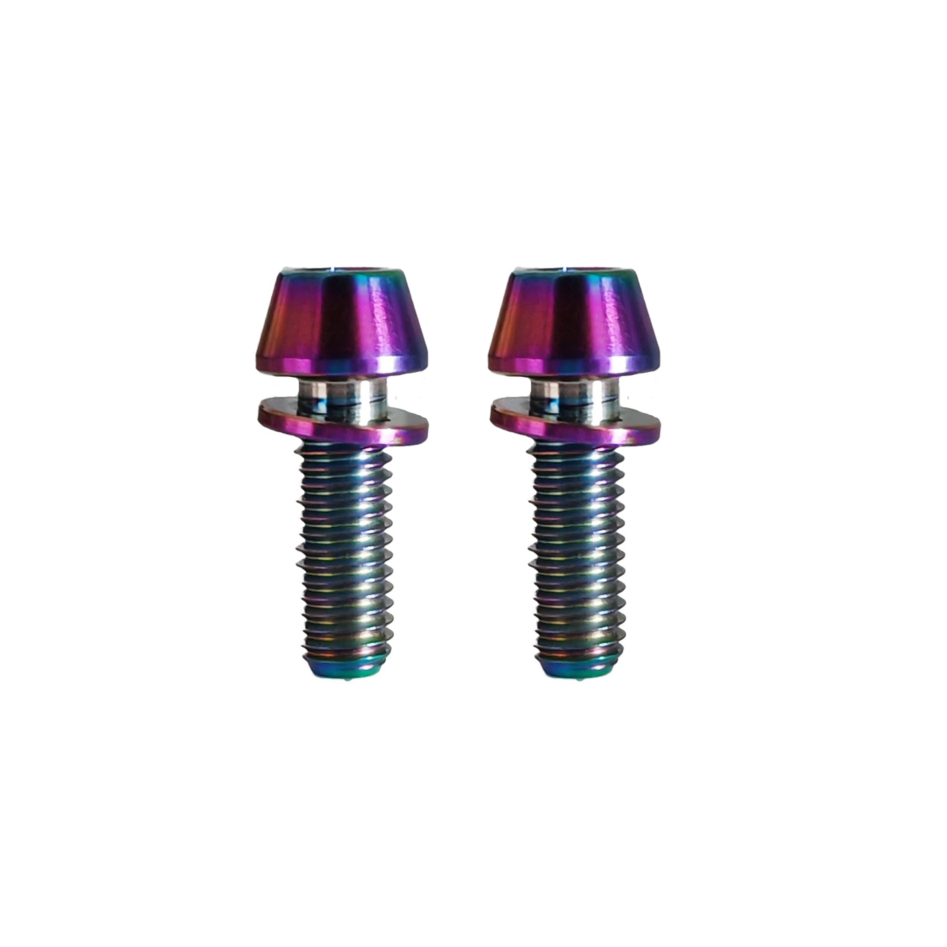 2 m5x15mm oil slick titanium bolts on a white background