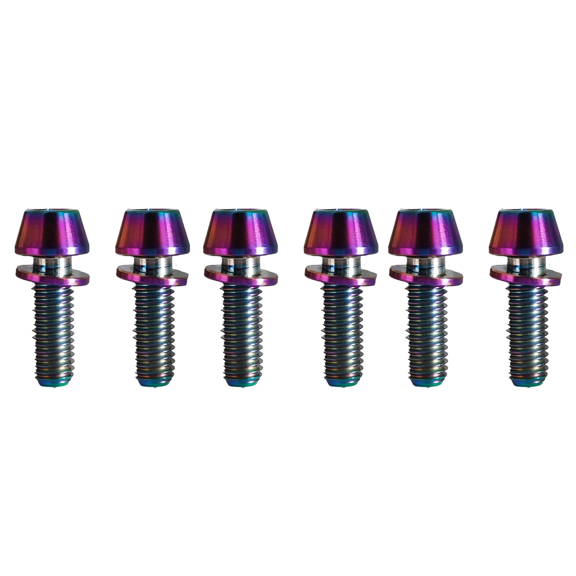 6 m5x15mm oil slick titanium bolts on a white background