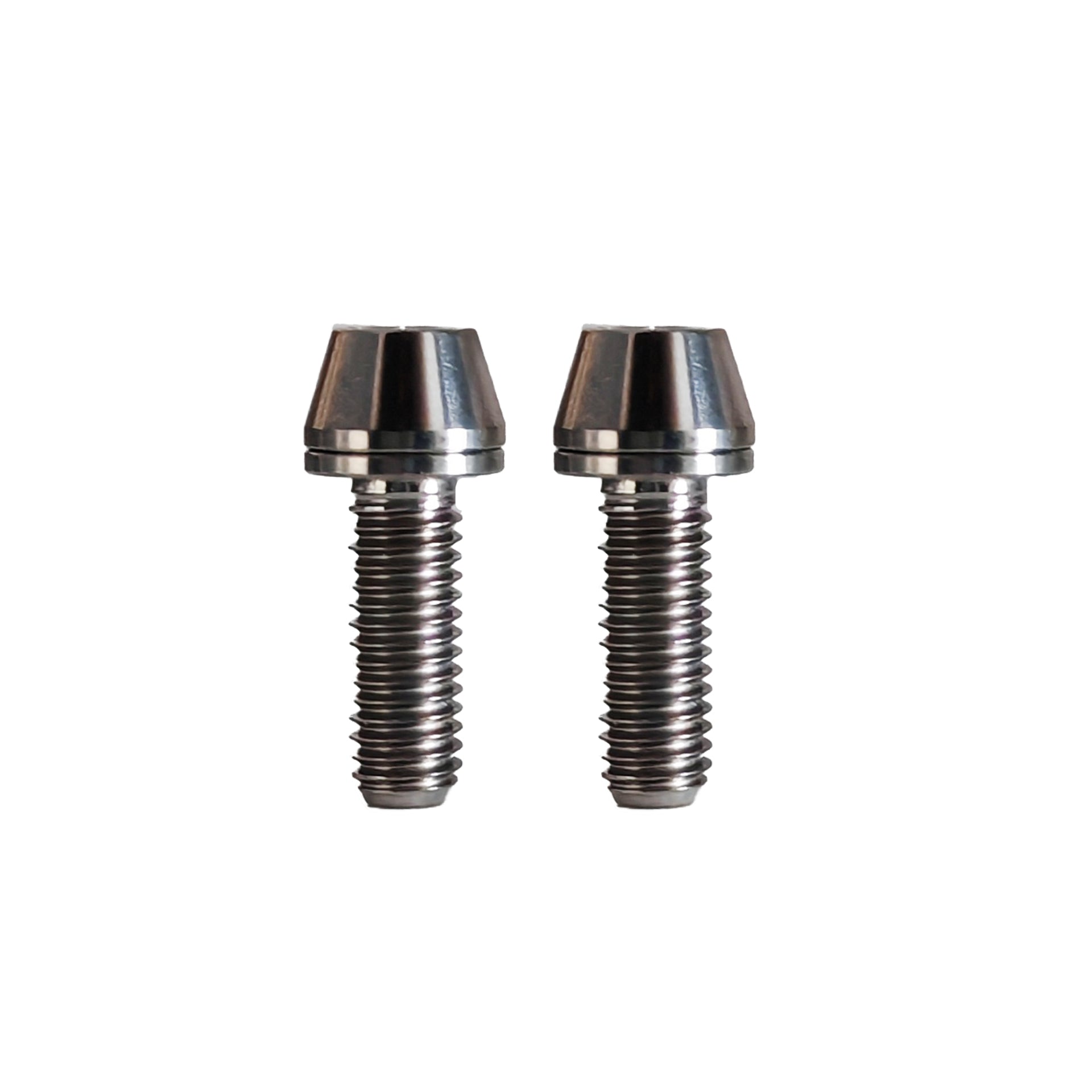 2 m5x15mm raw titanium bolts on a white background