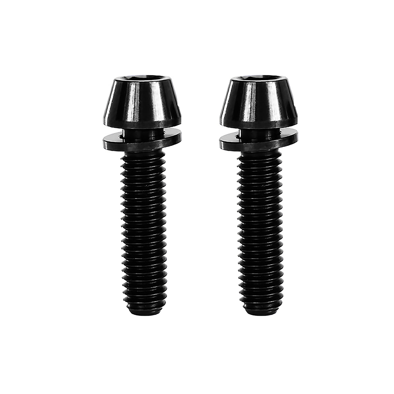 2 black m5x20mm taperhead titanium bolts on a white background