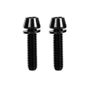 2 black m5x20mm taperhead titanium bolts on a white background