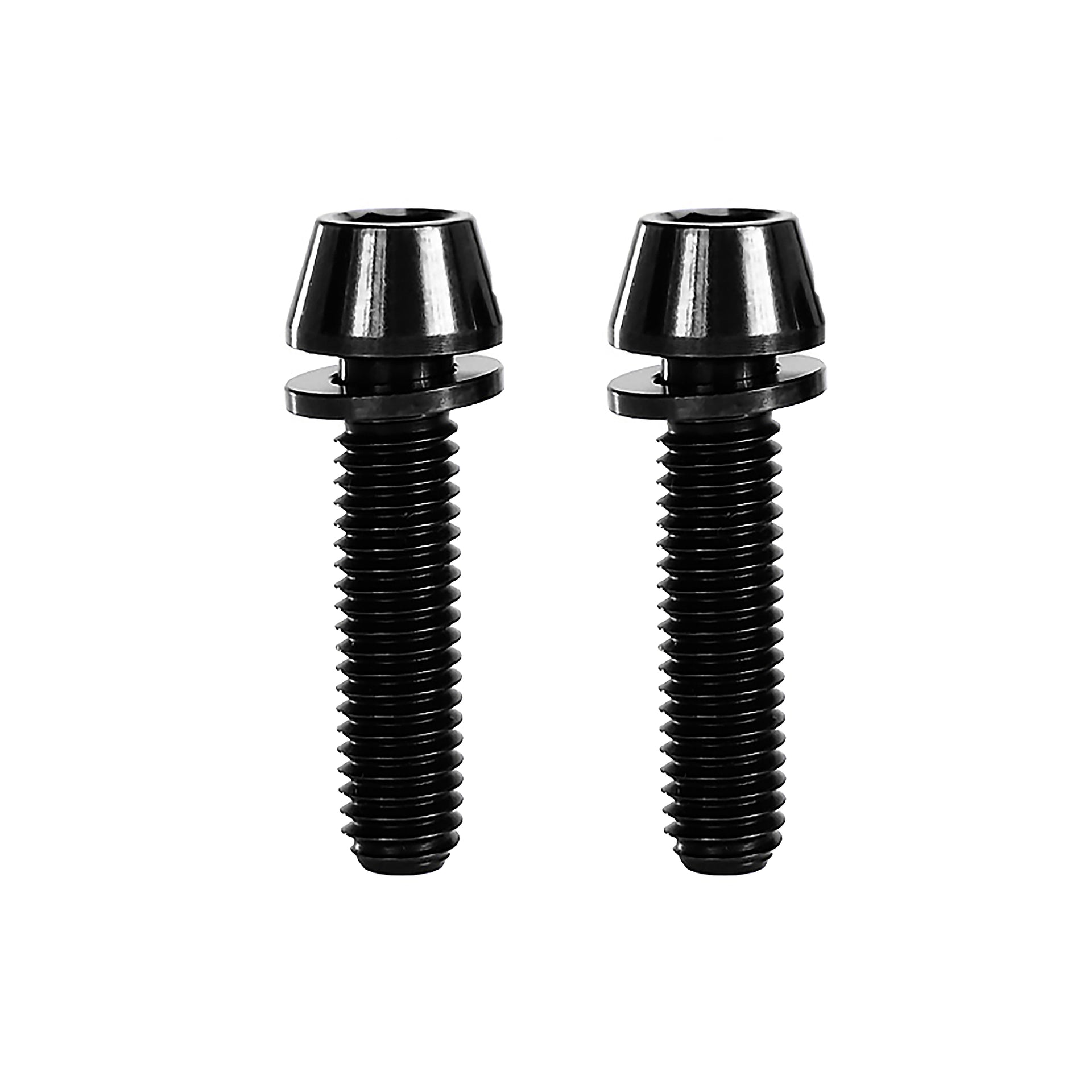 2 black m5x20mm taperhead titanium bolts on a white background