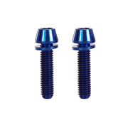 2 blue m5x20mm taperhead titanium bolts on a white background