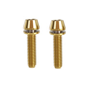 2 gold m5x20mm taperhead titanium bolts on a white background